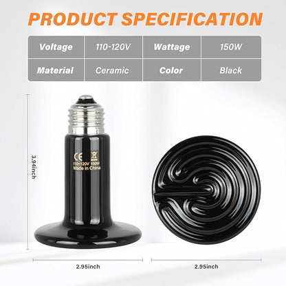 Simple Deluxe 150W Reptile Ceramic Heat Lamp Bulb and 150W Clamp Light with 8.5 Inch Reflector for Amphibian Pet, Black&Silver SimpleDeluxe