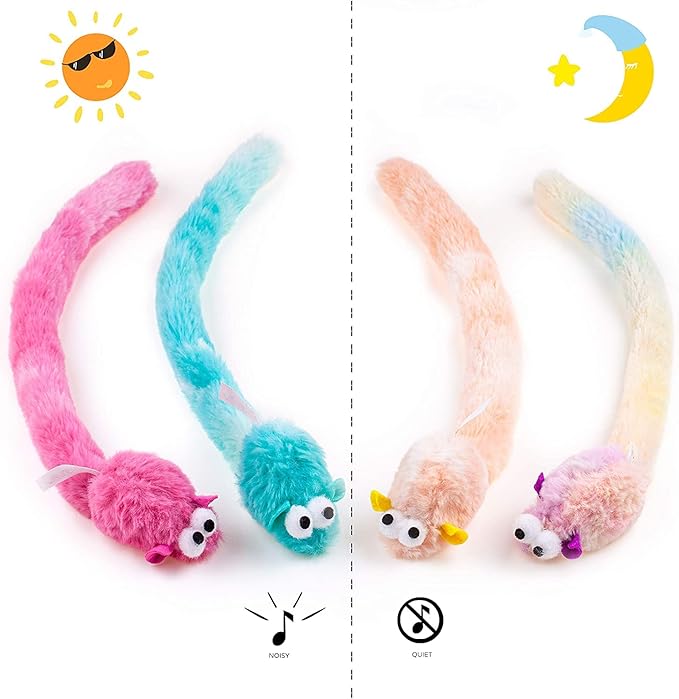 CHIWAVA 4 Packs 15 Inch Long Soft Plush Cat Toys Mice with Bell Rustle Sound Small Mouse Activity Interactive Toy - PAWPICO
