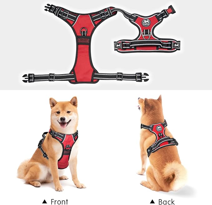 PoyPet No Pull Dog Harness, No Choke Front Clip Dog Reflective Harness, Adjustable Soft Padded Pet Vest with Easy Control Handle for Small to Large Dogs(Red,L) PoyPet