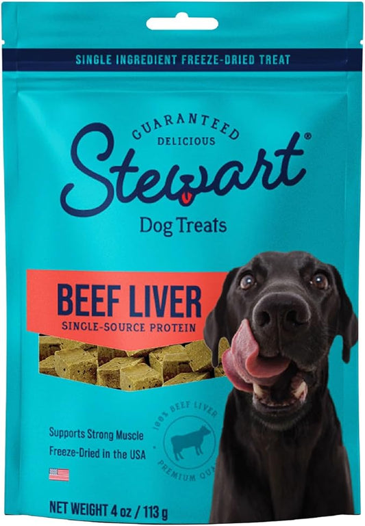 Stewart Freeze Dried Dog Treats, Beef Liver, 4 oz, Grain Free & Gluten Free, Resealable Pouch, Single Ingredient, Training Treat in Beef Liver, Salmon, Chicken Liver & Chicken Breast 4, 14, 21 oz - PAWPICO