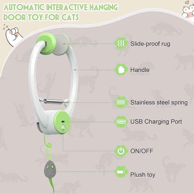 Cat Toy Interactive for Indoor Cats, Smart USB Rechargeable Door Hanging Automatic Retractable Kitten Toys, Teaser Electronic Self Play Feather Cat String Toy Attached with 3 Catnip Mice Green - PAWPICO