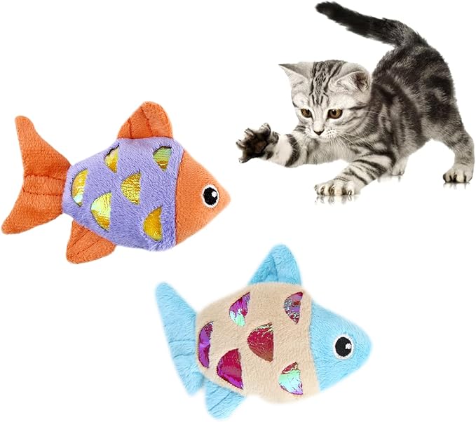 Andiker Cat Catnip Toys, 2pcs Small Cat Fish Toys with Crinkle Shine Ring Paper to Make Sound to Catch Your Cats Eyes and for Your Cats to Chew and Catch Interactive Cat Toys for Indoor Cat (2pc) - PAWPICO