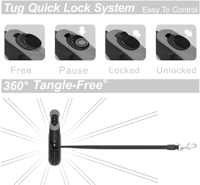 TUG 360° Tangle-Free Retractable Dog Leash with Anti-Slip Handle | 16 ft Strong Nylon Tape| One-Handed Brake, Pause, Lock (Medium, Grey) TUG