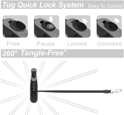 TUG 360° Tangle-Free Retractable Dog Leash with Anti-Slip Handle | 16 ft Strong Nylon Tape| One-Handed Brake, Pause, Lock (Medium, Grey) TUG