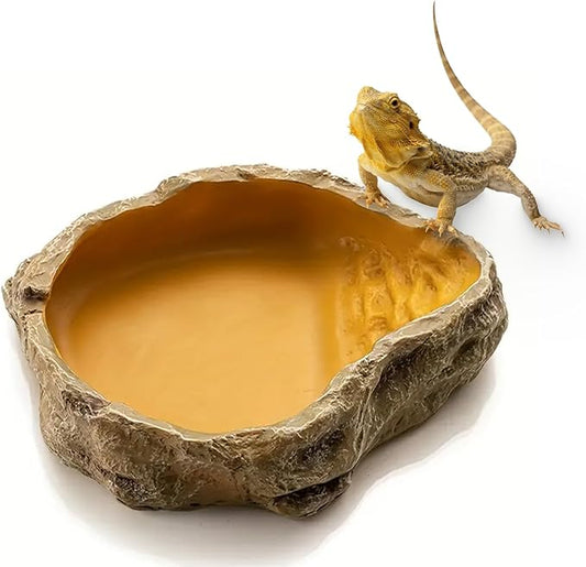 Reptile Water Dish,Resin Reptile Rock Food Feeder Bowl, Water and Food Bowl, Terrarium Decor for Leopard Gecko, Lizard,Spider, Turtle,Scorpion, Chameleon, Hermit Crabs (Medium, Yellow) Freshinsects