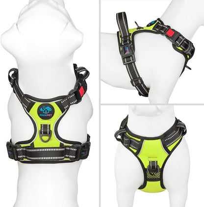 PHOEPET No Pull Dog Harness Medium Reflective Front Clip Vest with Handle,Adjustable 2 Metal Rings 3 Buckles,[Easy to Put on & Take Off](M, Green) PHOEPET