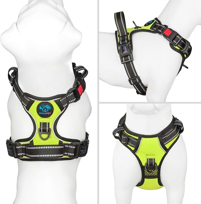 PHOEPET Reflective Dog Harness Large Breed Adjustable No Pull Vest with Handle 2 Metal Rings 3 Buckles [Easy to Put on & Take Off](XL, Green) PHOEPET