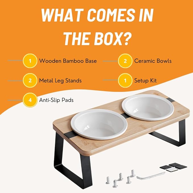 Elevated Cat Ceramic Bowls Stand for Food and Water, Small Dog, Anti Vomit, Indoor Cats, Tilted Feeding Position, Full Bamboo Body Stand with Food Grade, Whisker Friendly Dish for Cats and Puppy - PAWPICO