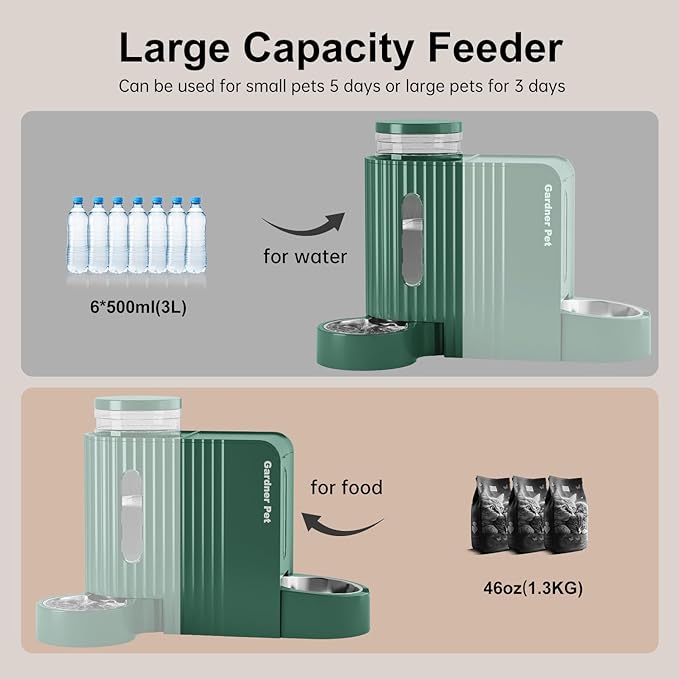 Gardner Pet Automatic Gravity Cat Food Feeder and Water Dispenser Stainless Steel Two-in-One Set Large Capacity Dispenser for Pets Dogs, Puppies, Kittens - PAWPICO