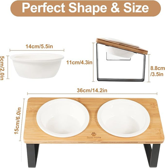 Sunhoo Ceramic Elevated Cat Bowls, Raised Puppy Dishes for Food and Water, Tilted Bamboo Stand for Anti Vomiting, Indoor 5.5 inch Wide Double Dish Orthopedic Anti-Vomiting (Wood Color) - PAWPICO