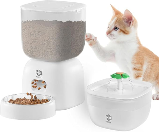Automatic Cat Feeder and Water Dispenser Set with Pet Food Bowl Timer, Dual Power Supply, Programmable Portion Size, Auto Pet Feeder for Cats and Small Dogs, Voice Recorder, White - PAWPICO