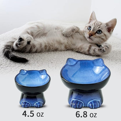 Nihow Slanted Elevated Cat Bowls: 5 Inch Ceramic Raised Cat Food Bowl for Protecting Pet's Spine - Microwave & Dishwasher Safe -Elegant Blue & Black (4.5 OZ /1 PC) - PAWPICO