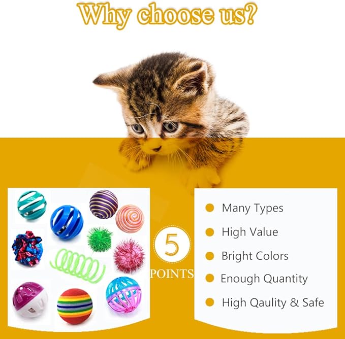LASOCUHOO Cat Toys, Kitten Cat Ball Toys Assortments, Including Rainbow Ball, Crinkle Ball, Sparkle Ball, Bell Balls, Sisal Ball for All Cats 30 Packs - PAWPICO