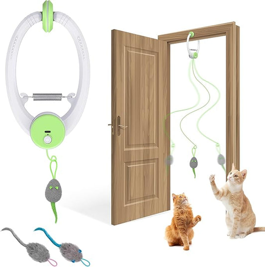 Cat Toy Interactive for Indoor Cats, Smart USB Rechargeable Door Hanging Automatic Retractable Kitten Toys, Teaser Electronic Self Play Feather Cat String Toy Attached with 3 Catnip Mice Green - PAWPICO