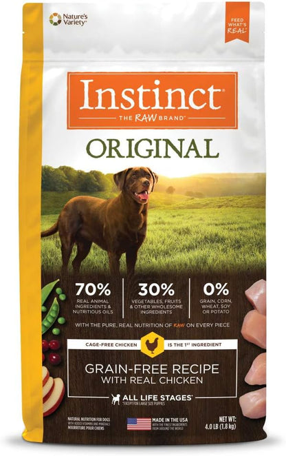 Instinct Dog Food, Grain Free Dog Food Dry, High Protein, Raw Coated Dog Food, Dog Kibble, Original Real Chicken, 4 lb. Bag - PAWPICO