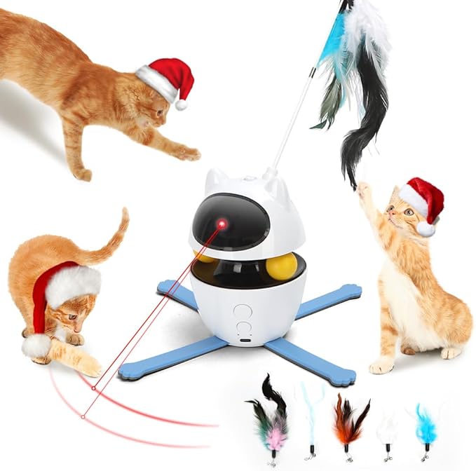 Nobleza 3-in-1 Cat Laser Toy with Feather Trackball, Rechargeable Pet Interactive Pointer Red Light Game, 3 Modes Random Trajectory Motion Activated Boredom Buster for Cat Self Play Home Indoor - PAWPICO