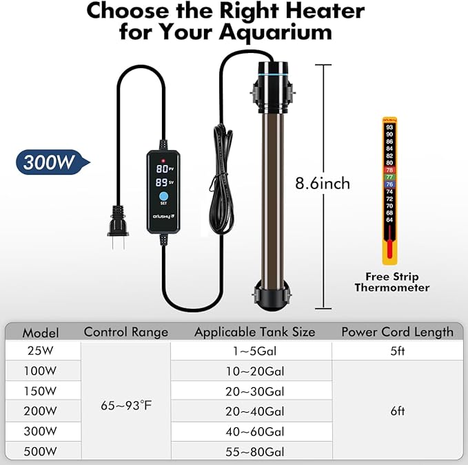 Orlushy 300W Submersible Aquarium Heater, Adjustable Fish Tank Heater with Digital Display External Controller, Overheat Protection and Free Thermometer for 40-60 Gallons Freshwater and Saltwater Tank Orlushy