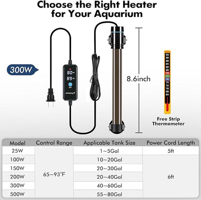 Orlushy 300W Submersible Aquarium Heater, Adjustable Fish Tank Heater with Digital Display External Controller, Overheat Protection and Free Thermometer for 40-60 Gallons Freshwater and Saltwater Tank Orlushy