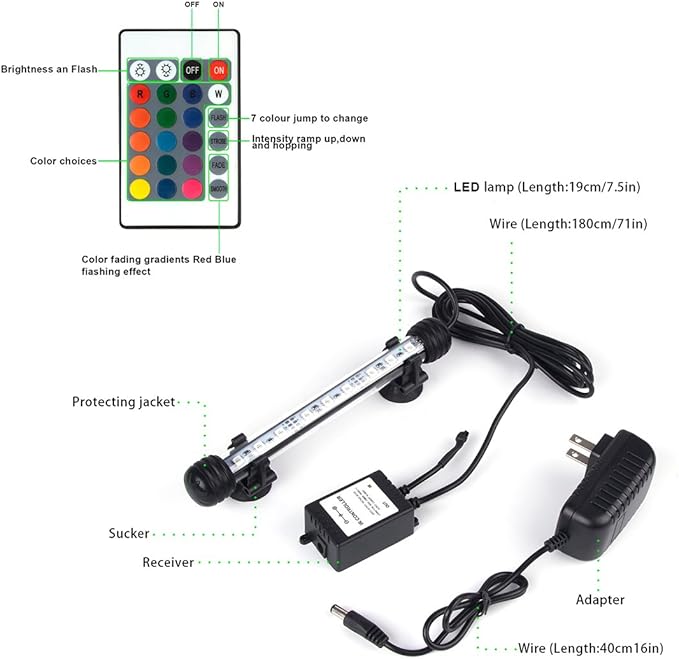 LED Aquarium Lights, Underwater Fish Tank Lights RGB Waterproof Color Changing Adjustable Memory Submersible Remote Control Aquarium Tank Sucker Hood Strip Lamp Waterfall Lights, 7.5 inch S+SMIFUL