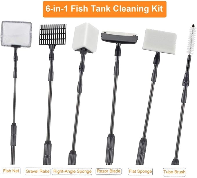 hygger Carbon Fiber 6 in 1 Aquarium Cleaning Tool Kit Al-gae Scraper Scrubber Pad Sponge Telescopic Handle Fish Tank Brush Cleaner Set for Saltwater Freshwater hygger