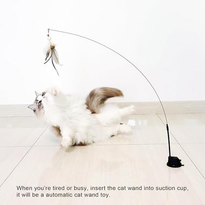 Cat Wand Toys with Suction Cup, Interactive Bird Simulation Cat Toy Set,Cat Teaser Cat Toys,Flexible Steel Wire and 3Pcs Replacement Feather Refills with Bells. - PAWPICO