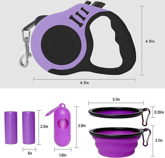 Retractable Dog Leash Automatic Telescopic Tractor Dog Tape, Pet Tape 10/16 FT Durable and Convenient, with Folding Bowl, Dispenser, Rubbish Bags, Suitable for Small and Medium Dogs LIEVUIKEN