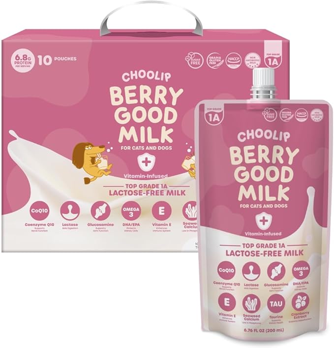 Berry Good Pet Milk. 10pk Vitamin-Infused Cat Milk, Dog, Kitten, Puppy Milk. Dog Bladder Support, Cat Kidney Support, Cat Urinary Supplement Cranberry, Omega 3, CoQ10, Glucosamine, Taurine CHOOLIP