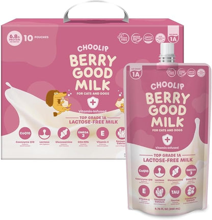 Berry Good Pet Milk. 10pk Vitamin-Infused Cat Milk, Dog, Kitten, Puppy Milk. Dog Bladder Support, Cat Kidney Support, Cat Urinary Supplement Cranberry, Omega 3, CoQ10, Glucosamine, Taurine CHOOLIP