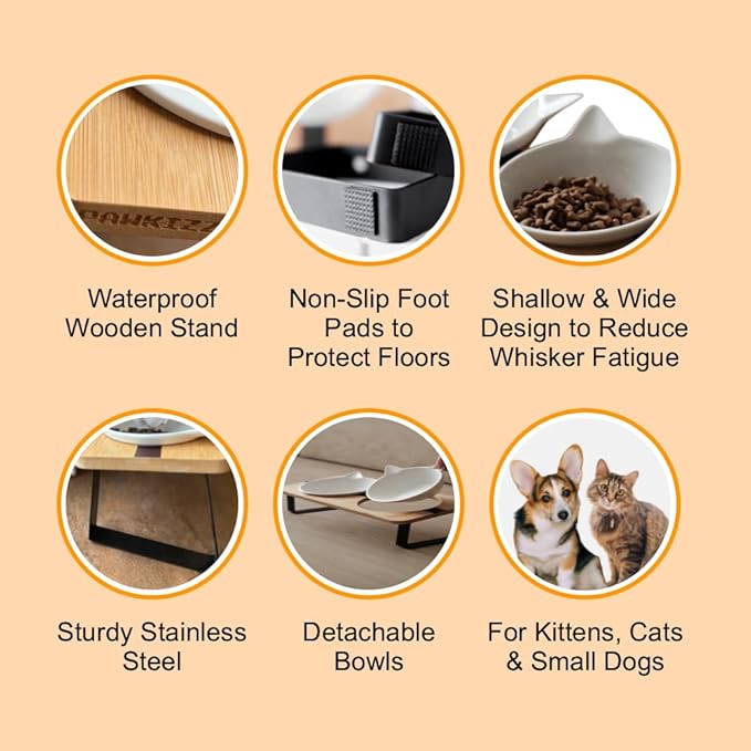 Ergonomic Cat Ceramic Bowls Stand for Food and Water, Small Dog, Anti Vomit, Indoor Cats, Elevated, Tilted Feeding Position, Full Bamboo Stand with Food Grade, Whisker Friendly Dish for Cats and Puppy - PAWPICO