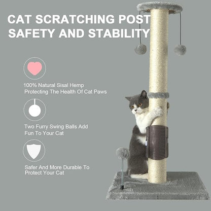 PEEKAB 32" Tall Cat Scratching Post Sisal Scratch Posts with Hanging Ball and Self-Massage Brush Vertical Scratcher for Indoor Cats and Kittens(Light-Gray 32inches) - PAWPICO
