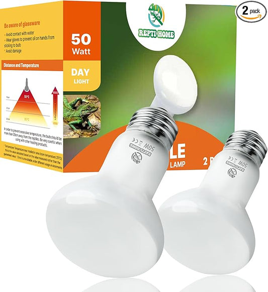 Reptile Heat Lamp Bulbs, Simulate Natural Sunlight Heat Light Bulb, 2 Pack 50W Amphibian Terrarium Basking Spot Lamp for Reptile, Bearded Dragon, Lizard, Turtle, Snake REPTIHOME