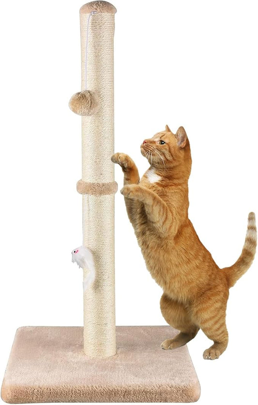 MeowHomm 32” Tall Cat Scratching Posts for Indoor Cats Adults with 2 Hanging Ball, Large Cat Scratch Post Cat Scratcher Includes Sisal Rope(Yellow) - PAWPICO