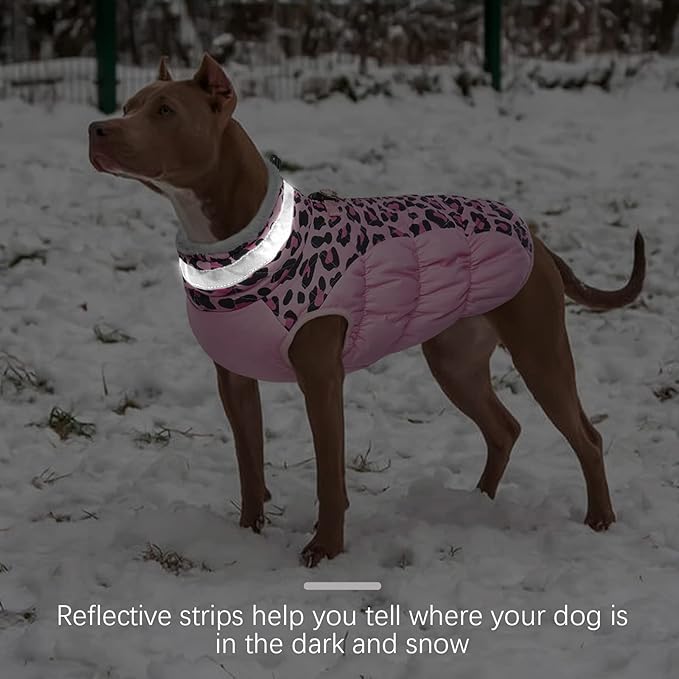 FUAMEY Dog Winter Coat,Dog Cold Weather Coats Dog Jackets with Zipper on Back with Harness Built in Dog Paded Vest Water Resistant Reflective Jacket for Small Medium Large Dogs Pink Leopard L - PAWPICO