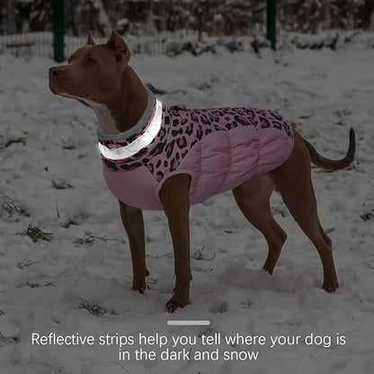 FUAMEY Dog Winter Coat,Dog Cold Weather Coats Dog Jackets with Zipper on Back with Harness Built in Dog Paded Vest Water Resistant Reflective Jacket for Small Medium Large Dogs Pink Leopard L - PAWPICO