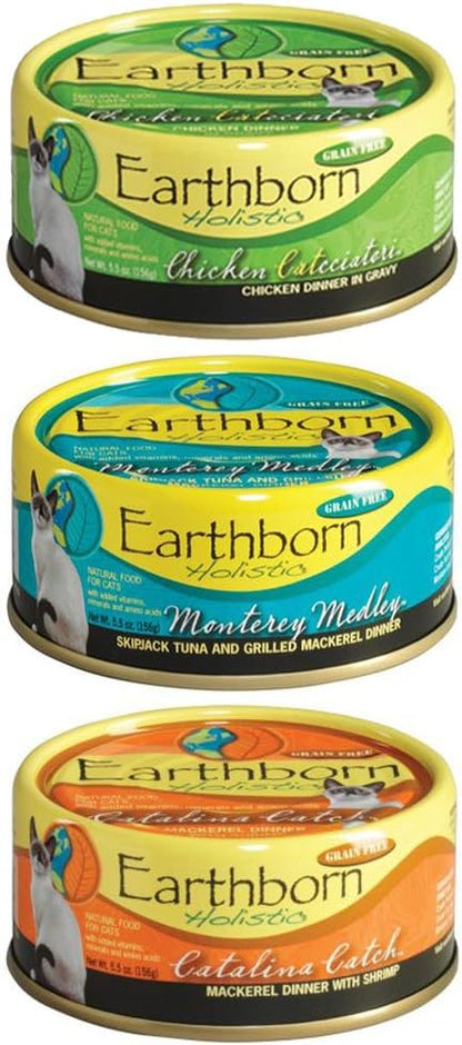 Earthborn Holistic Wet Cat Food Variety Pack - 3 Flavors (Catalina Catch, Chicken Catcciatori, and Monterey Medley) - 5.5 Ounces Each (12 Cans Total) - PAWPICO