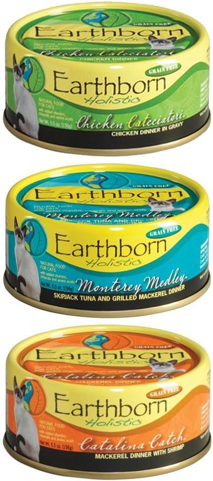 Earthborn Holistic Wet Cat Food Variety Pack - 3 Flavors (Catalina Catch, Chicken Catcciatori, and Monterey Medley) - 5.5 Ounces Each (12 Cans Total) - PAWPICO