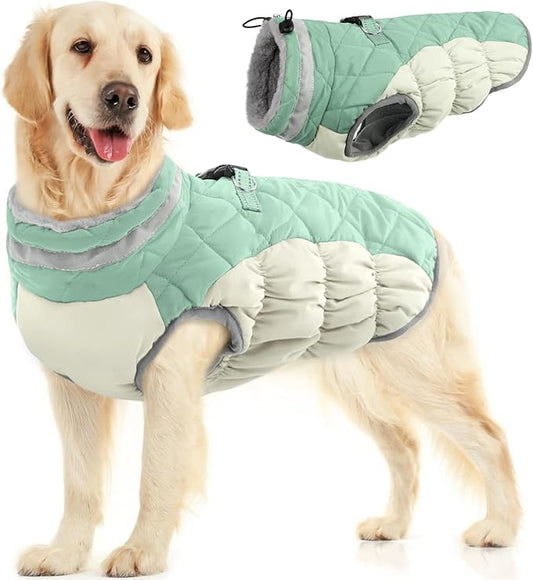 FUAMEY Dog Winter Jacket,Dog Cold Weather Coats Paded Dog Vest with Harness Built in Pet Warm Clothes Dog Apparel with Back Zipper Dog Water Resistant Coat for Small Medium Large Dogs Mint Green L - PAWPICO