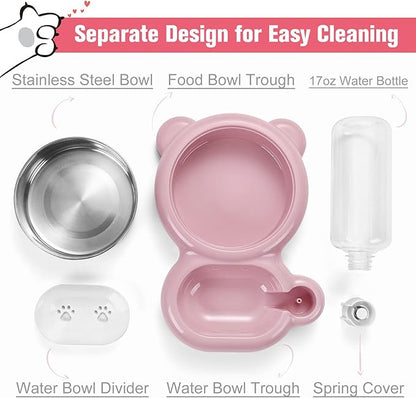 Dog Bowls, Cat Food and Water Bowl Set with Water Dispenser and Stainless Steel Bowl for Cats and Small Dogs - Pink - PAWPICO