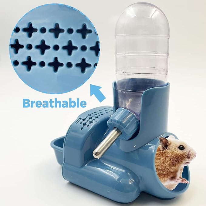 Vannon 3 in 1 Hamster Water Bottle No Drip Small Animal Water Bottle Automatic Bottle Dispenser with Food Container Base Hut and Hideout Base 4oz/120ml, BPA Free Vannon