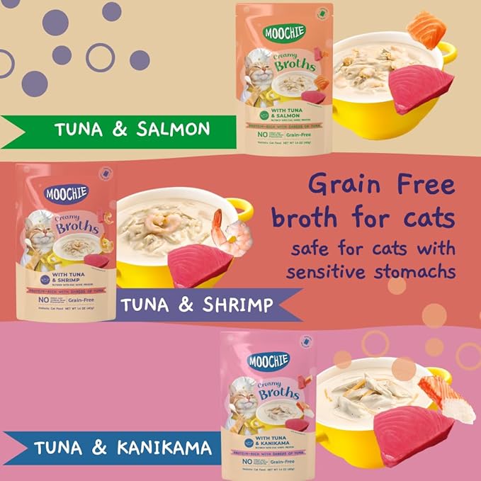MOOCHIE Grain Free Creamy Seafood Multipack Cat Broth - Real Salmon, Shrimp, Kanikama - No Artificial Flavors or Preservatives - 16 x 1.4 oz Pouch - PAWPICO