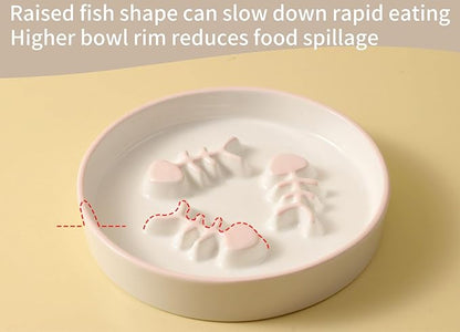 2PCS Ceramic Cat Slow Food Bowl for Wet and Dry Food, Elevated Design, Prevents Vomiting and Obesity, Raised Cat Puzzle Bowl, Stress-Free Slow Food Plate, Backflow Prevention, for Cats and Small Dog - PAWPICO