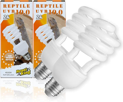 UVB Reptile Light, 2-Pack 10.0 24W UVB Bulbs, UVA UVB Reptile Light Bulb Lamp for Bearded Dragon, UV Bulbs for Desert Reptiles ReptiKing