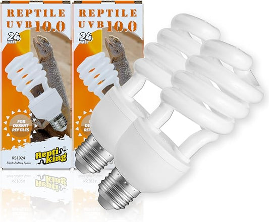 UVB Reptile Light, 2-Pack 10.0 24W UVB Bulbs, UVA UVB Reptile Light Bulb Lamp for Bearded Dragon, UV Bulbs for Desert Reptiles ReptiKing