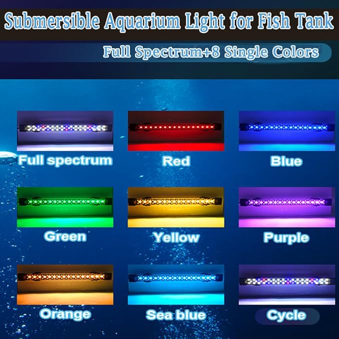 Submersible Aquarium Light for Fish Tank,24/7 Mode Full Spectrum LED Fish Tank Light with Air Bubble Hole RGB Color Changing Brightness Timer Adjustable,7.8inch 8W Fish Light REIRQIE