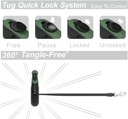 TUG 360° Tangle-Free Retractable Dog Leash with Anti-Slip Handle | 16 ft Strong Nylon Tape | One-Handed Brake, Pause, Lock (Large, Green) TUG