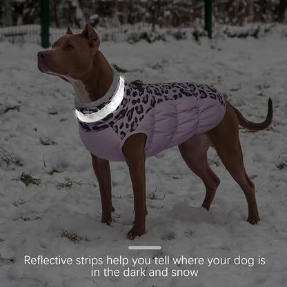 FUAMEY Dog Winter Coat,Dog Cold Weather Coats Dog Jackets with Zipper on Back with Harness Built in Dog Paded Vest Water Resistant Reflective Jacket for Small Medium Large Dogs Purple Leopard M - PAWPICO