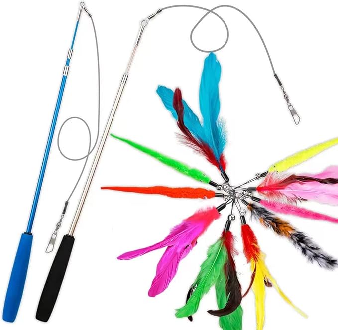 Cat Toys Feather Toy, 2PCS Retractable Wand and 10PCS Replacement Teaser with Bell Refills, Interactive Catcher and Funny Exercise for Kitten. - PAWPICO
