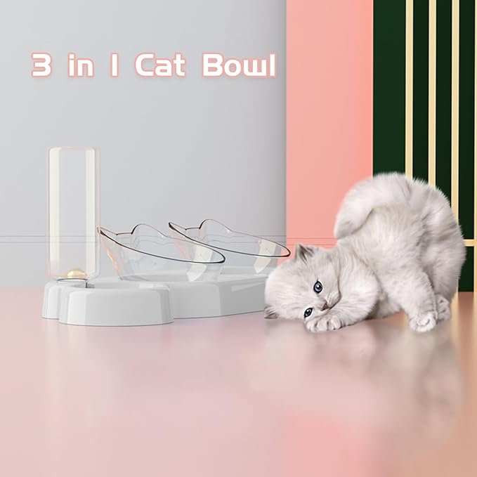 Marchul Raised Three Cat Dishes for Food and Water, Pet Feeding Bowls with Automatic Water Bottle - PAWPICO