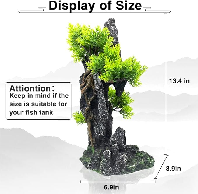Aquarium Mountain View Stone Ornament Tree Rock Cave - Aquarium Decorations Large and Tall Fish Tank Decorations for Large Fish Tank - 13.4 Inches High GOLOMOZ