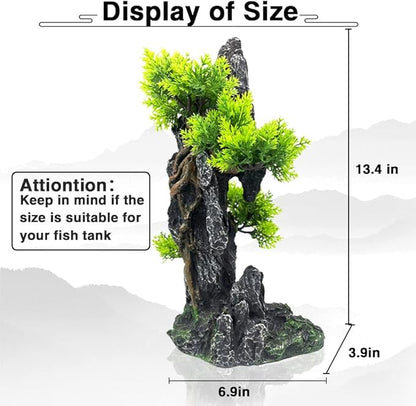 Aquarium Mountain View Stone Ornament Tree Rock Cave - Aquarium Decorations Large and Tall Fish Tank Decorations for Large Fish Tank - 13.4 Inches High GOLOMOZ